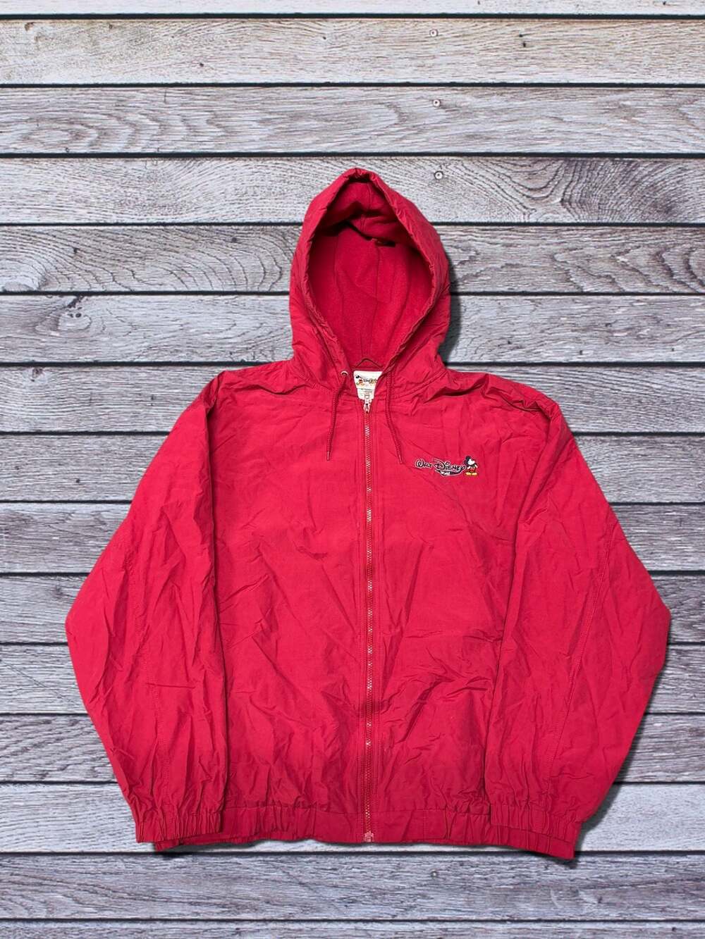 Vintage Walt Disney World Mickey Mouse Red Full Zip Hooded Windbreaker Jacket XL
